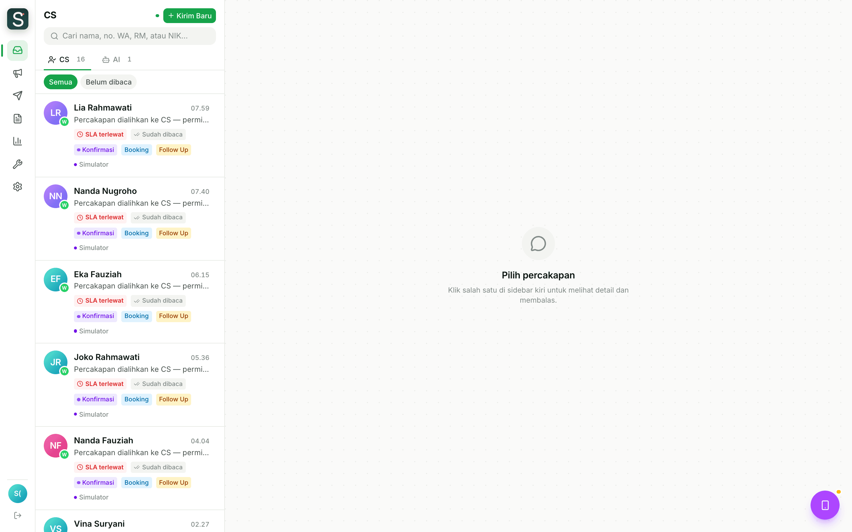 Dashboard CS yang menampilkan daftar percakapan yang perlu ditangani tim