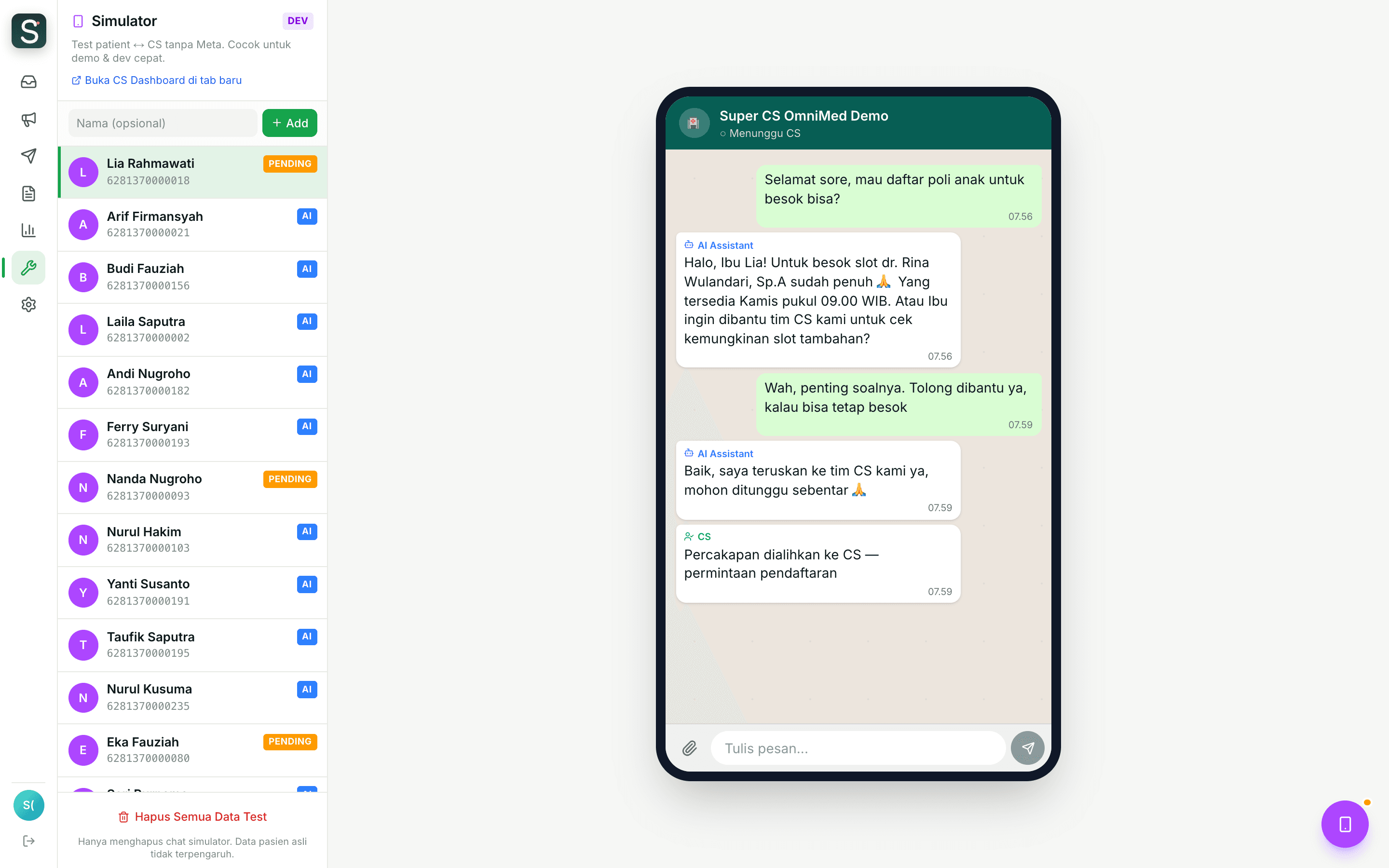 Simulator chat untuk mencoba respons AI seperti pelanggan sungguhan